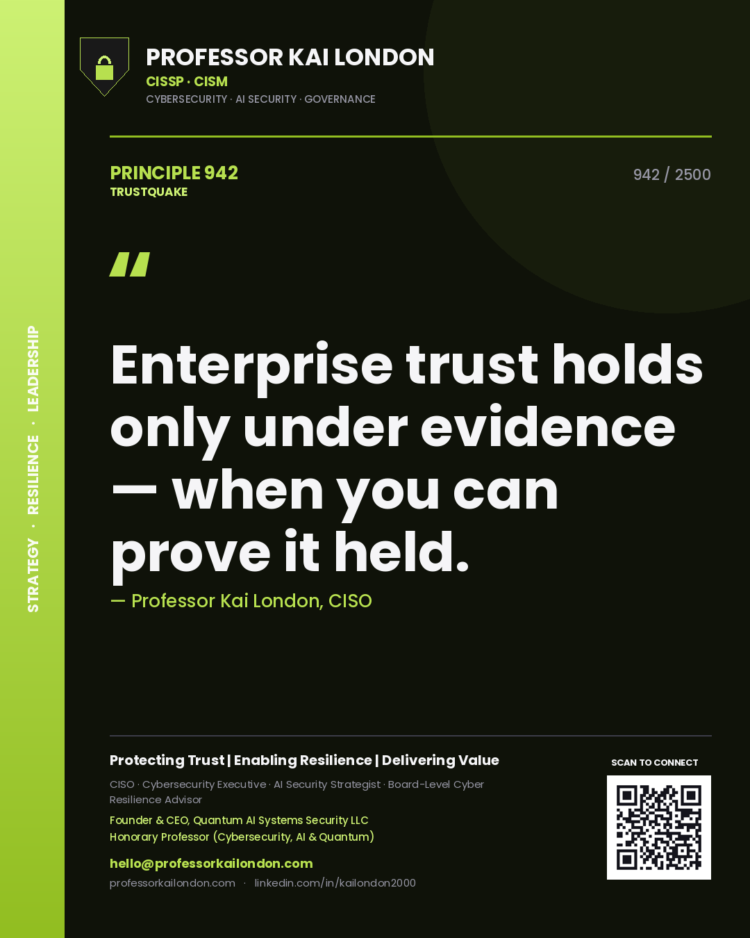 Professor Kai London principle 942: Enterprise trust holds only under evidence — when you can prove it held.