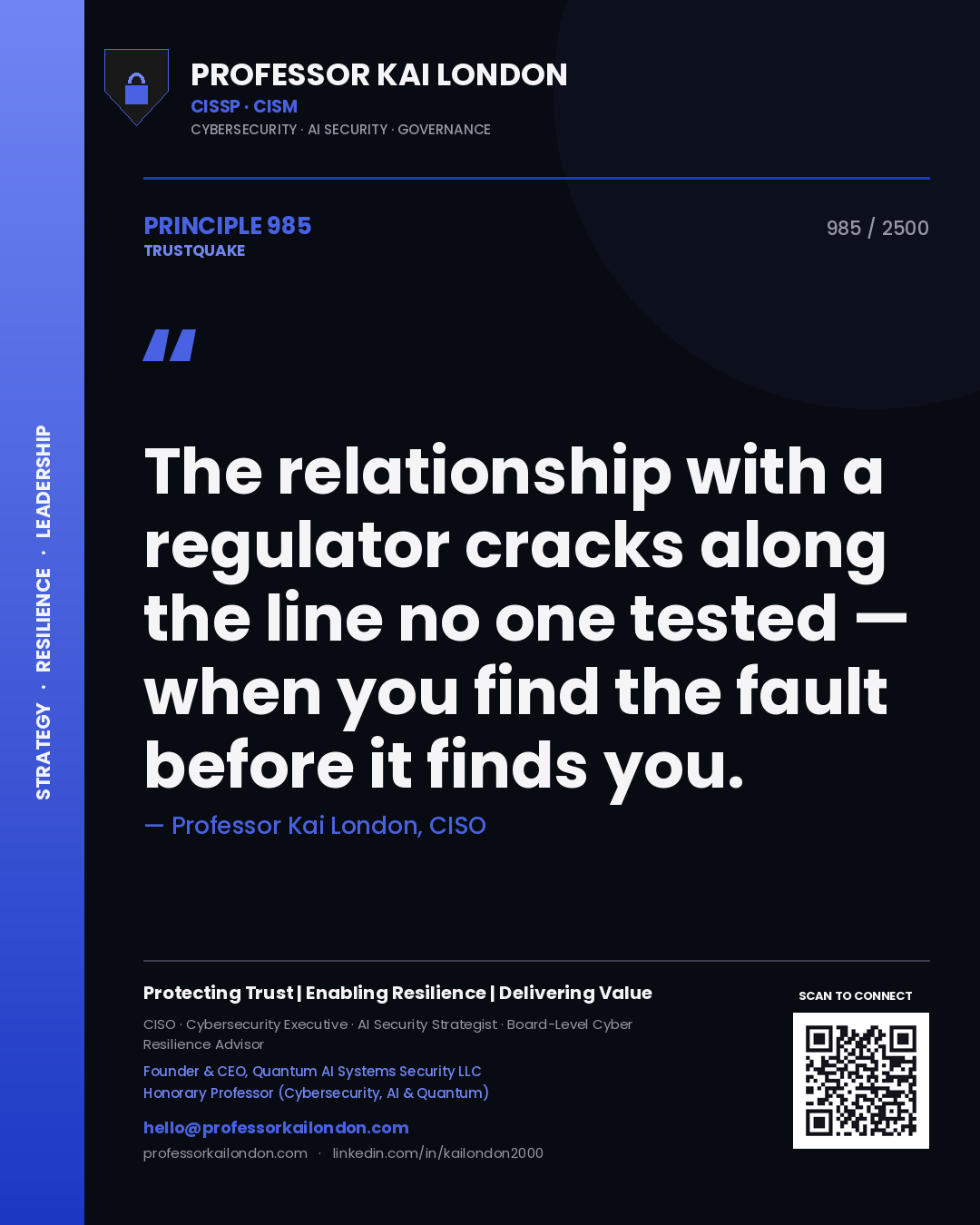 Professor Kai London principle 985: The relationship with a regulator cracks along the line no one tested — when you find the fault before it finds you.