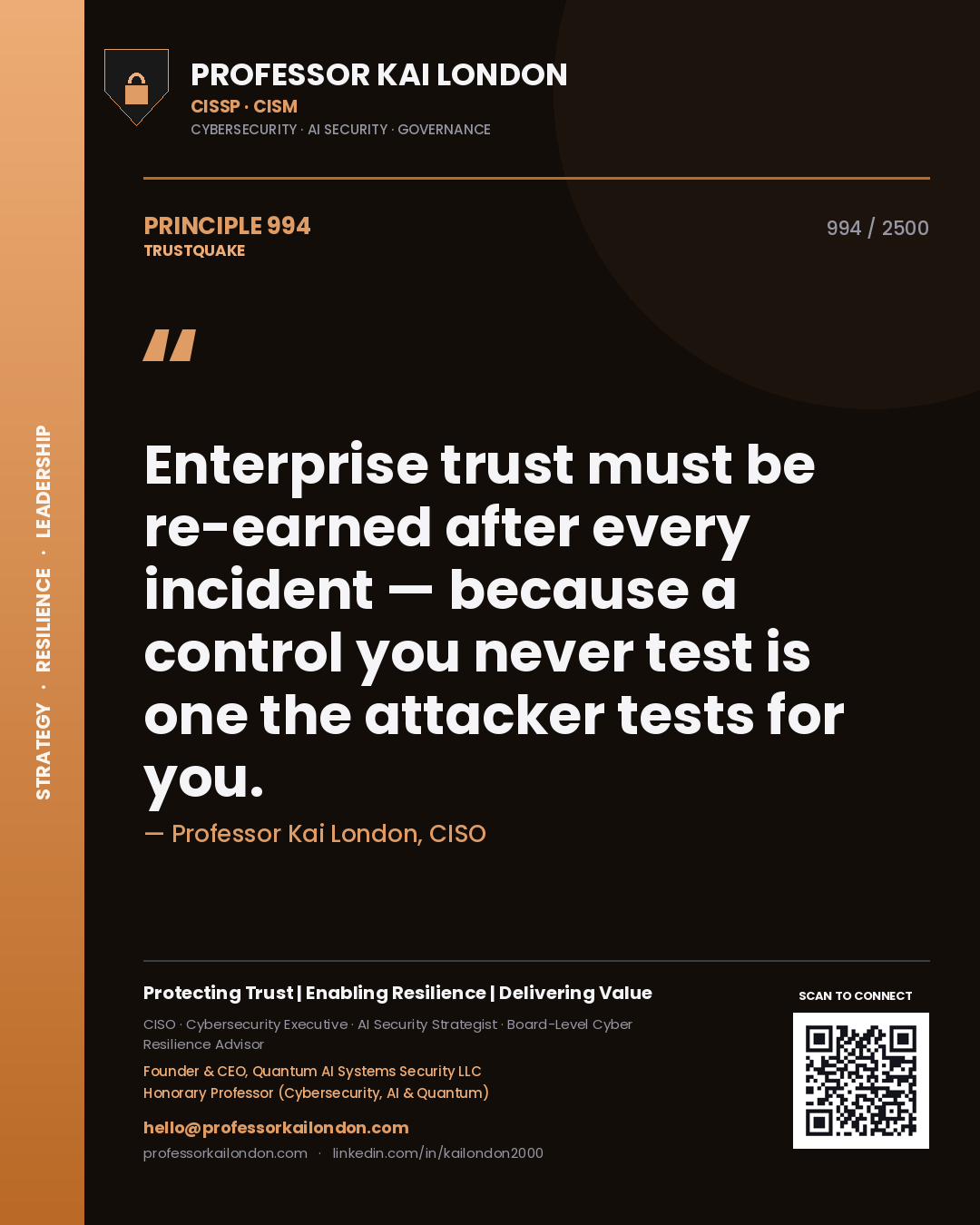 Professor Kai London principle 994: Enterprise trust must be re-earned after every incident — because a control you never test is one the attacker tests for you.