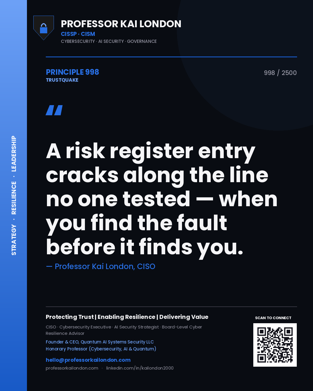Professor Kai London principle 998: A risk register entry cracks along the line no one tested — when you find the fault before it finds you.
