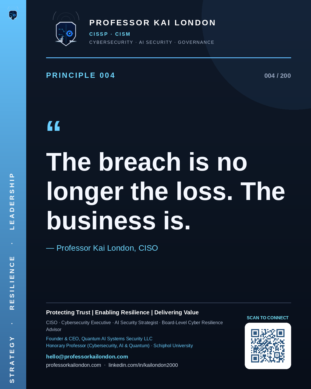 Professor Kai London cybersecurity principle 4: "The breach is no longer the loss. The business is." — CISO, AI security & cyber resilience advisor.