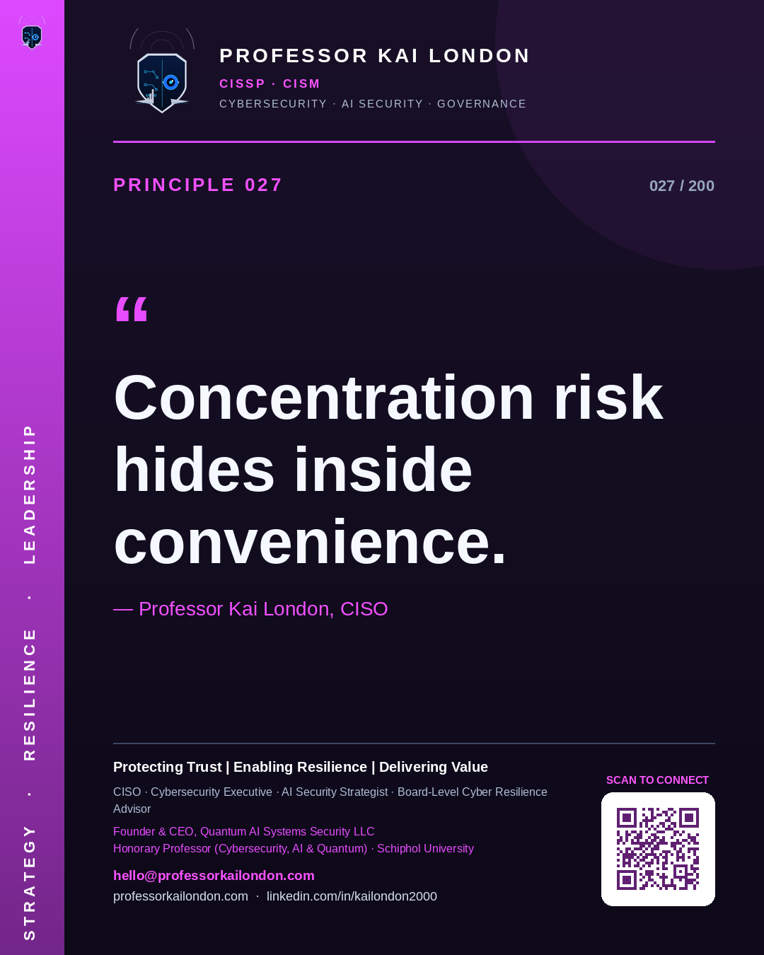 Professor Kai London cybersecurity principle 27: "Concentration risk hides inside convenience." — CISO, AI security & cyber resilience advisor.