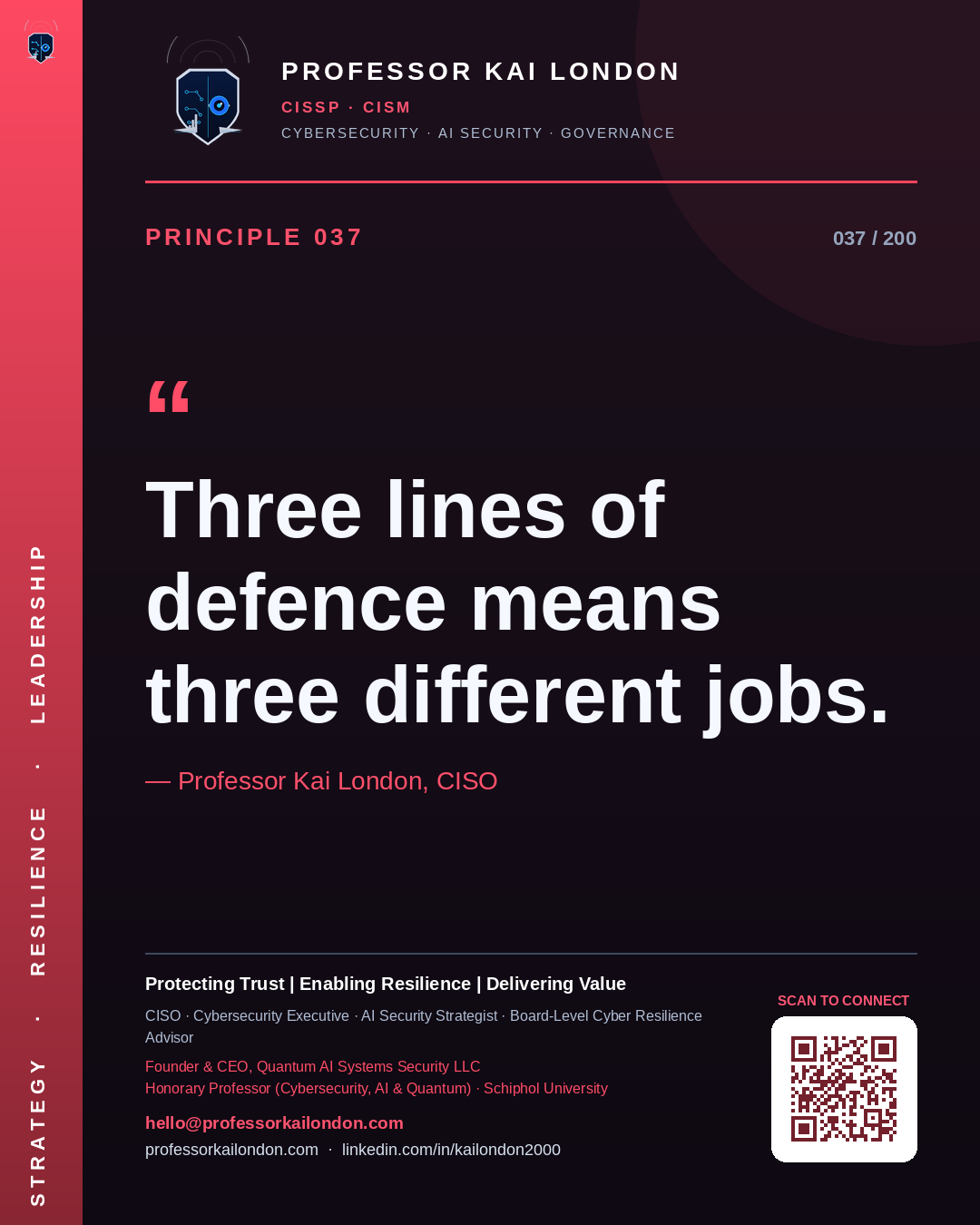 Professor Kai London cybersecurity principle 37: "Three lines of defence means three different jobs." — CISO, AI security & cyber resilience advisor.
