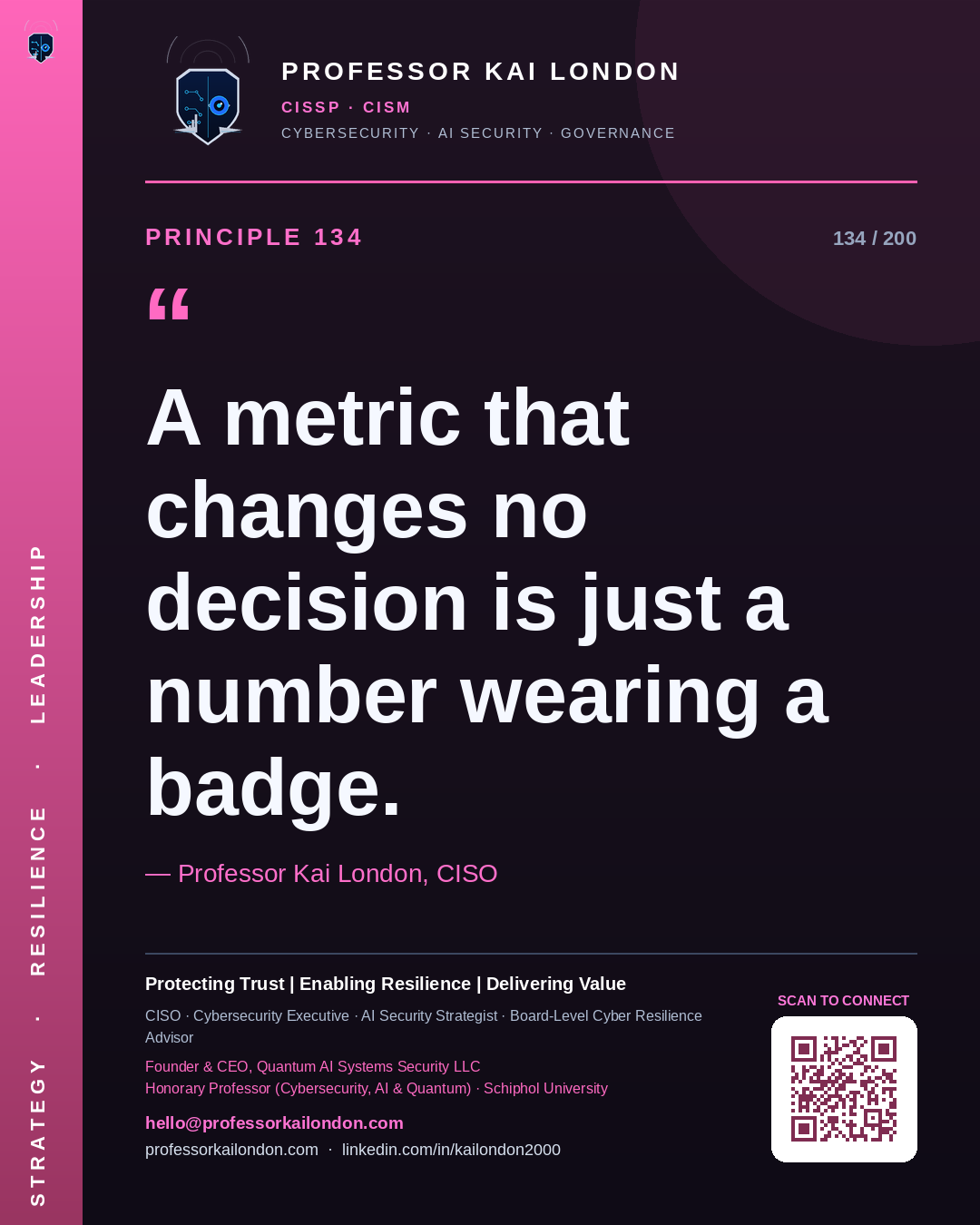 Professor Kai London cybersecurity principle 134: "A metric that changes no decision is just a number wearing a badge." — CISO, AI security & cyber resilience advisor.