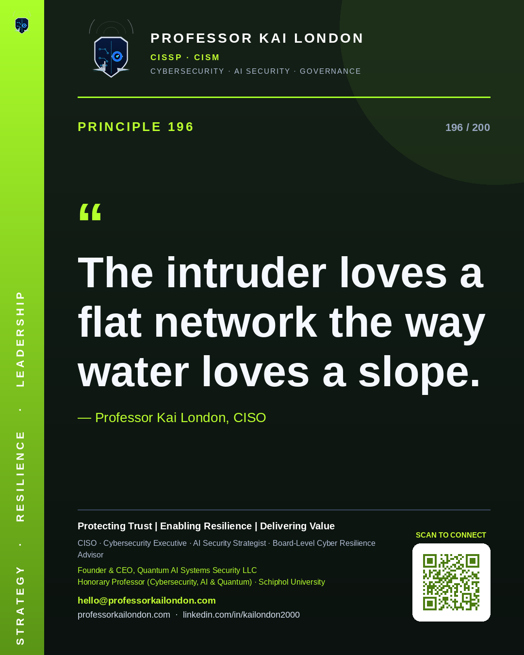 Professor Kai London cybersecurity principle 196: "The intruder loves a flat network the way water loves a slope." — CISO, AI security & cyber resilience advisor.