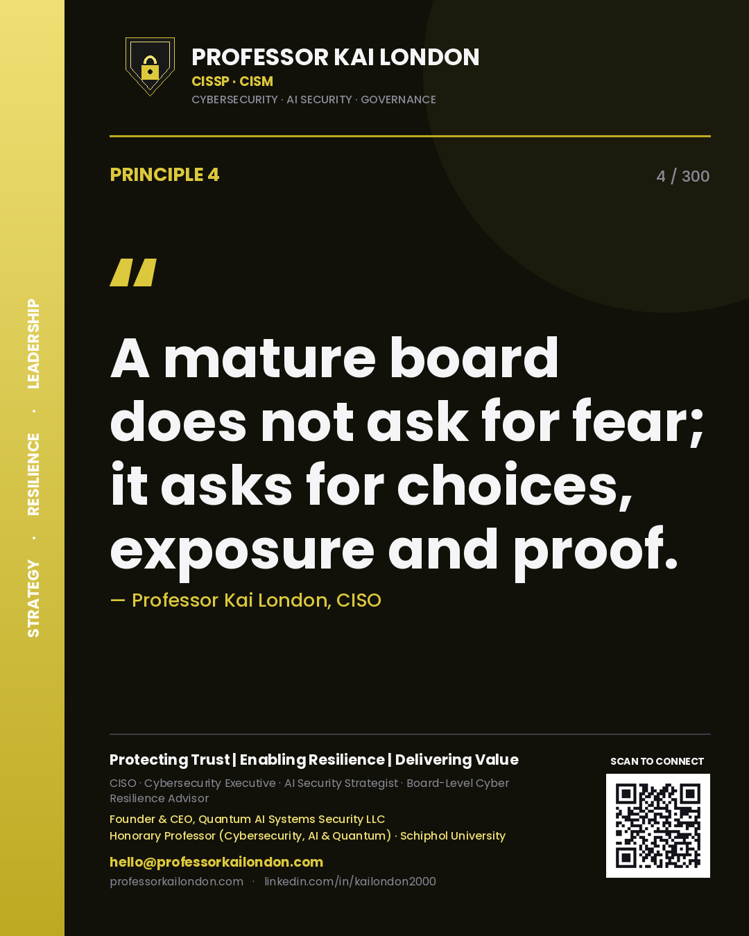 A mature board does not ask for fear; it asks for choices, exposure and proof. — Professor Kai London, CISO. Principle 4 of 300 on Board Reporting.