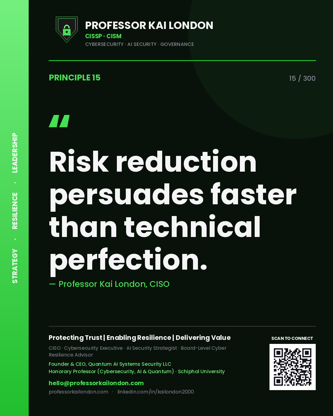 Risk reduction persuades faster than technical perfection. — Professor Kai London, CISO. Principle 15 of 300 on Delivery.