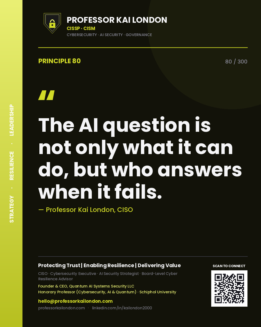 The AI question is not only what it can do, but who answers when it fails. — Professor Kai London, CISO. Principle 80 of 300 on AI Accountability.