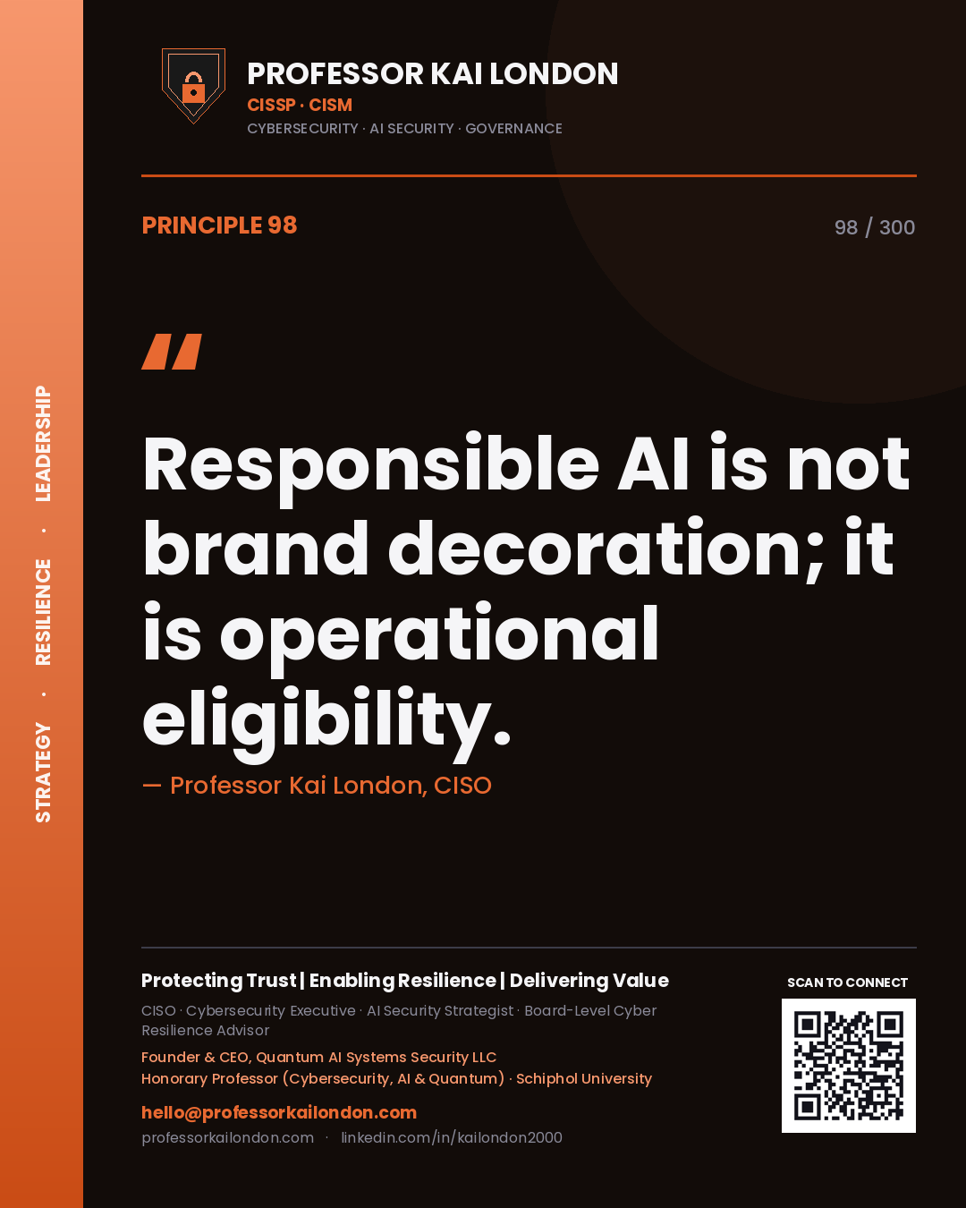 Responsible AI is not brand decoration; it is operational eligibility. — Professor Kai London, CISO. Principle 98 of 300 on AI Ethics.