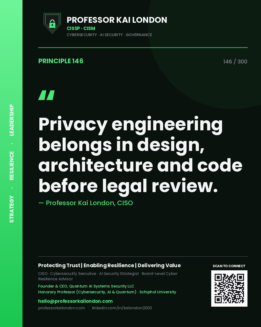Privacy engineering belongs in design, architecture and code before legal review. — Professor Kai London, CISO. Principle 146 of 300 on Privacy Engineering.