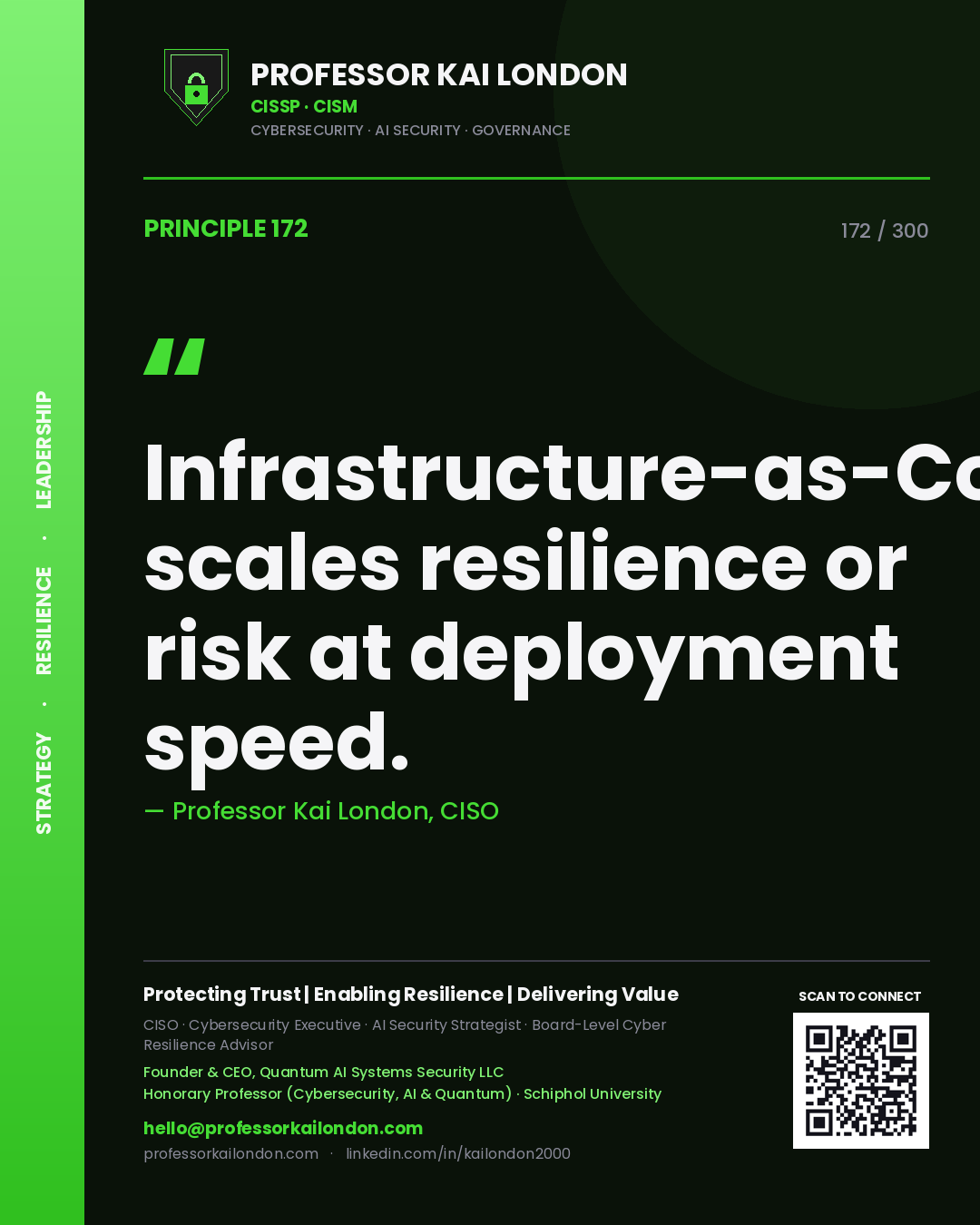 Infrastructure-as-Code scales resilience or risk at deployment speed. — Professor Kai London, CISO. Principle 172 of 300 on DevSecOps / Cloud.