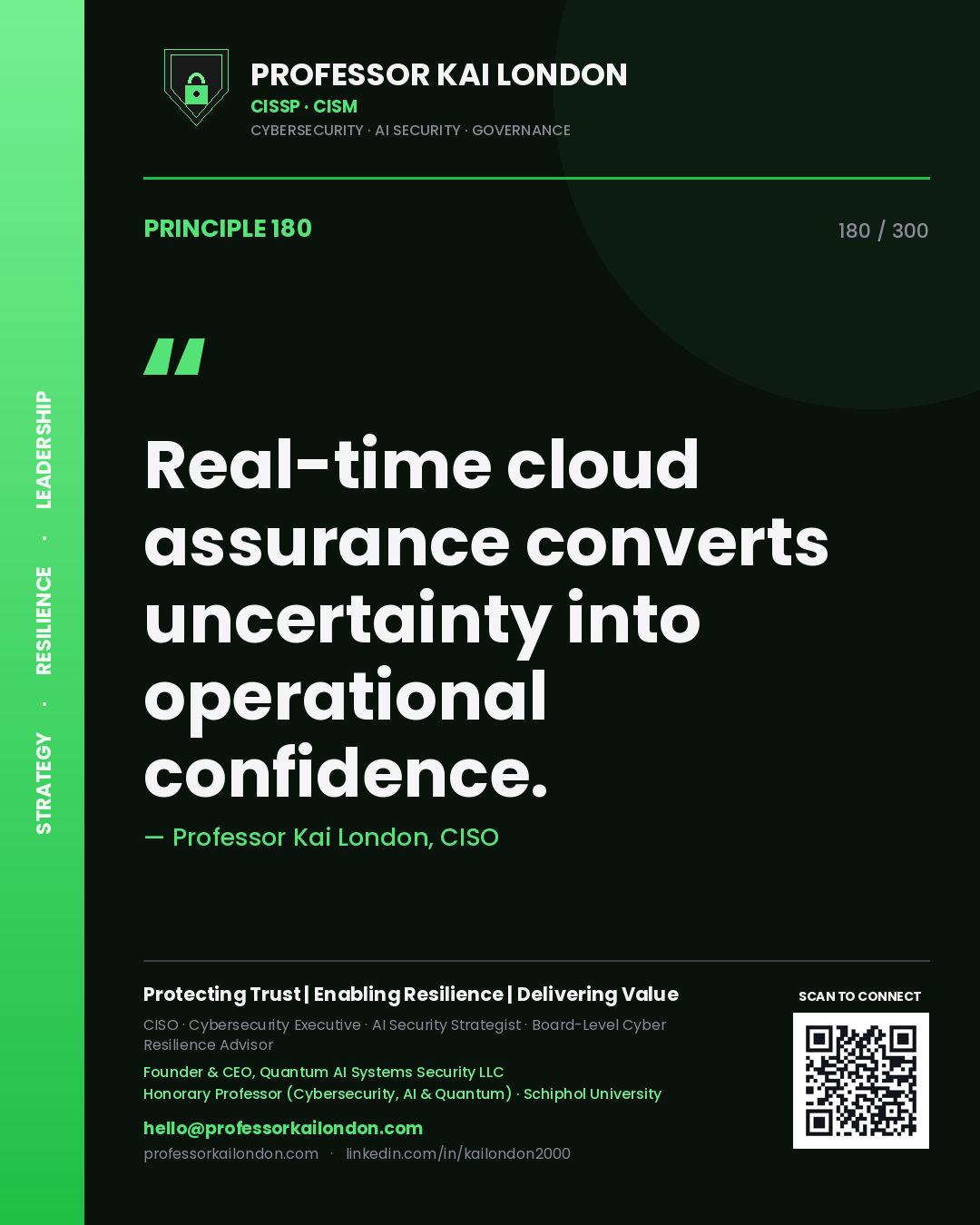 Real-time cloud assurance converts uncertainty into operational confidence. — Professor Kai London, CISO. Principle 180 of 300 on Cloud Assurance.