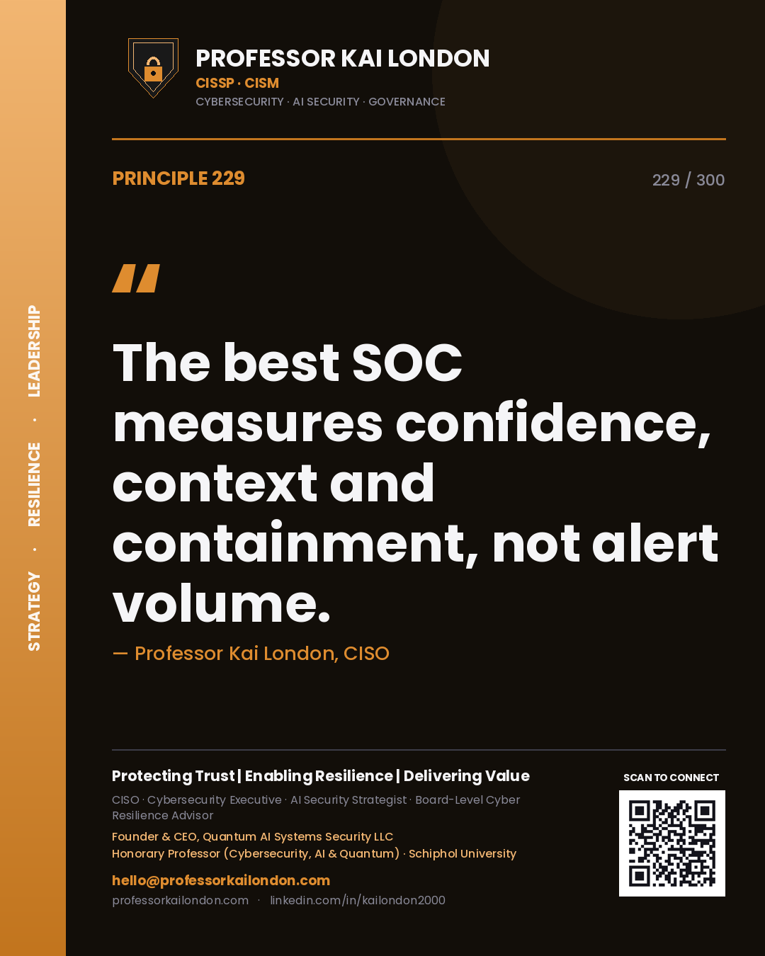 The best SOC measures confidence, context and containment, not alert volume. — Professor Kai London, CISO. Principle 229 of 300 on SOC Metrics.