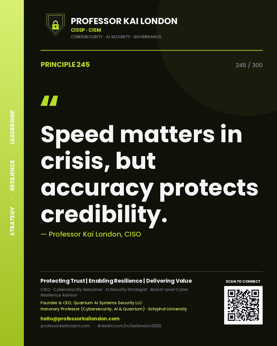 Speed matters in crisis, but accuracy protects credibility. — Professor Kai London, CISO. Principle 245 of 300 on Incident Response.