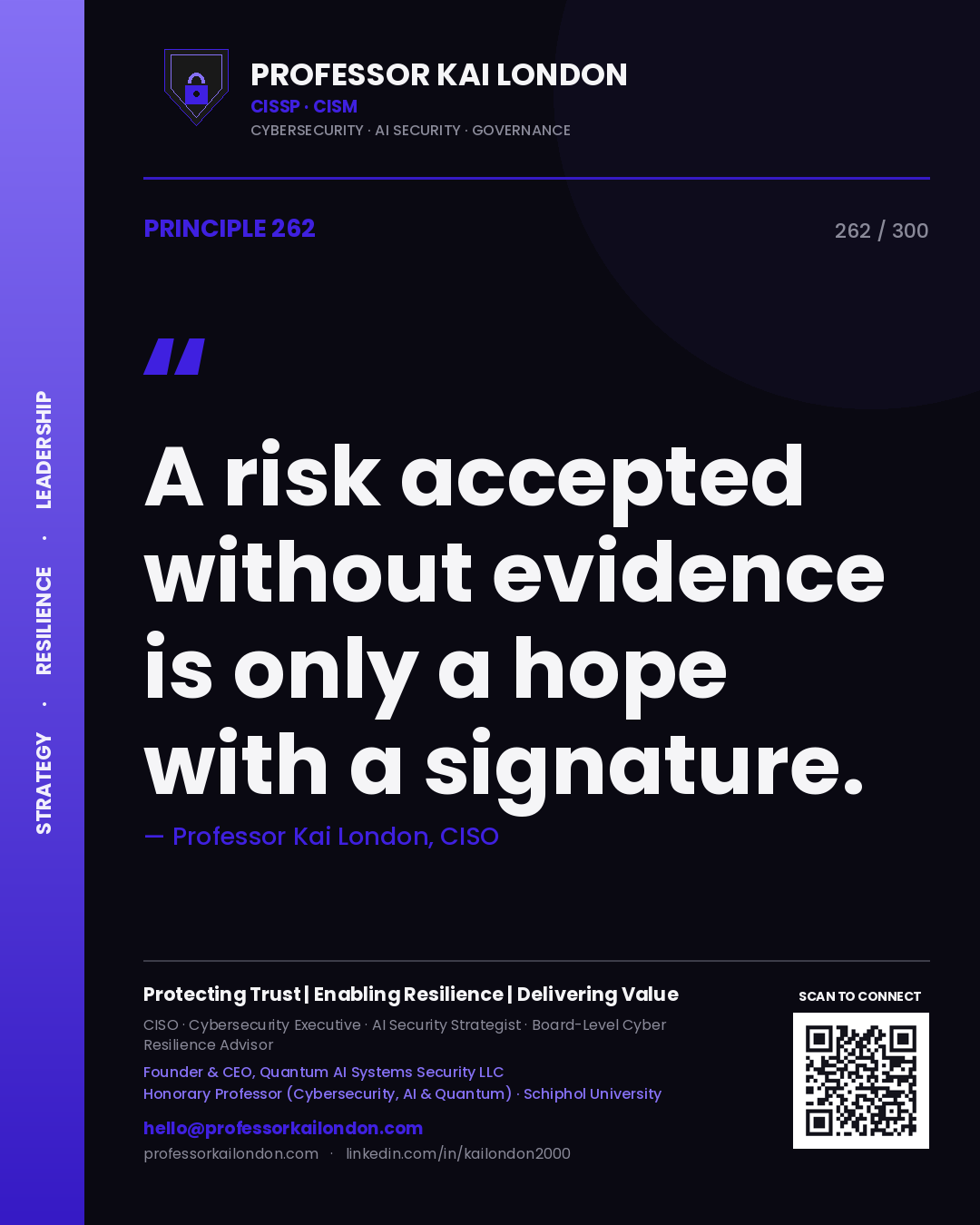 A risk accepted without evidence is only a hope with a signature. — Professor Kai London, CISO. Principle 262 of 300 on Risk Acceptance.