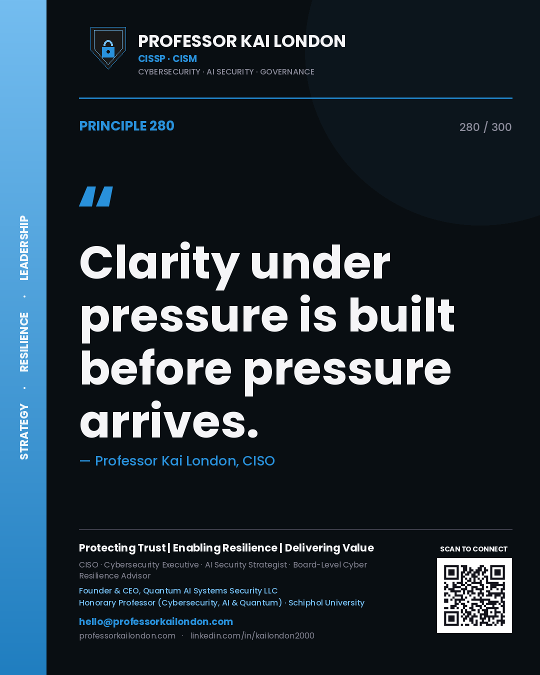Clarity under pressure is built before pressure arrives. — Professor Kai London, CISO. Principle 280 of 300 on Crisis Leadership.