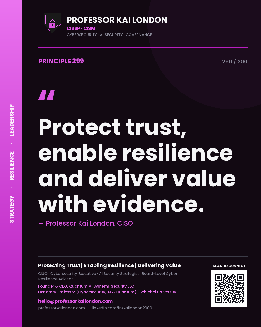 Protect trust, enable resilience and deliver value with evidence. — Professor Kai London, CISO. Principle 299 of 300 on Signature Doctrine.